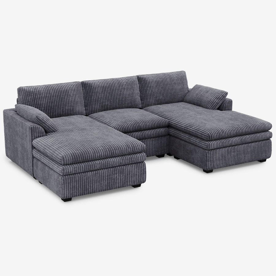 Pewter-Grey-/-Corduroy-3-Seat-U-Shaped-Double-Chaise-Sectional