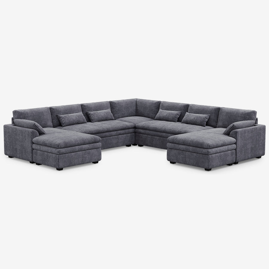 Pewter-Grey-/-Corduroy-7-Seat-U-Shaped-Double-Chaise-Sectional