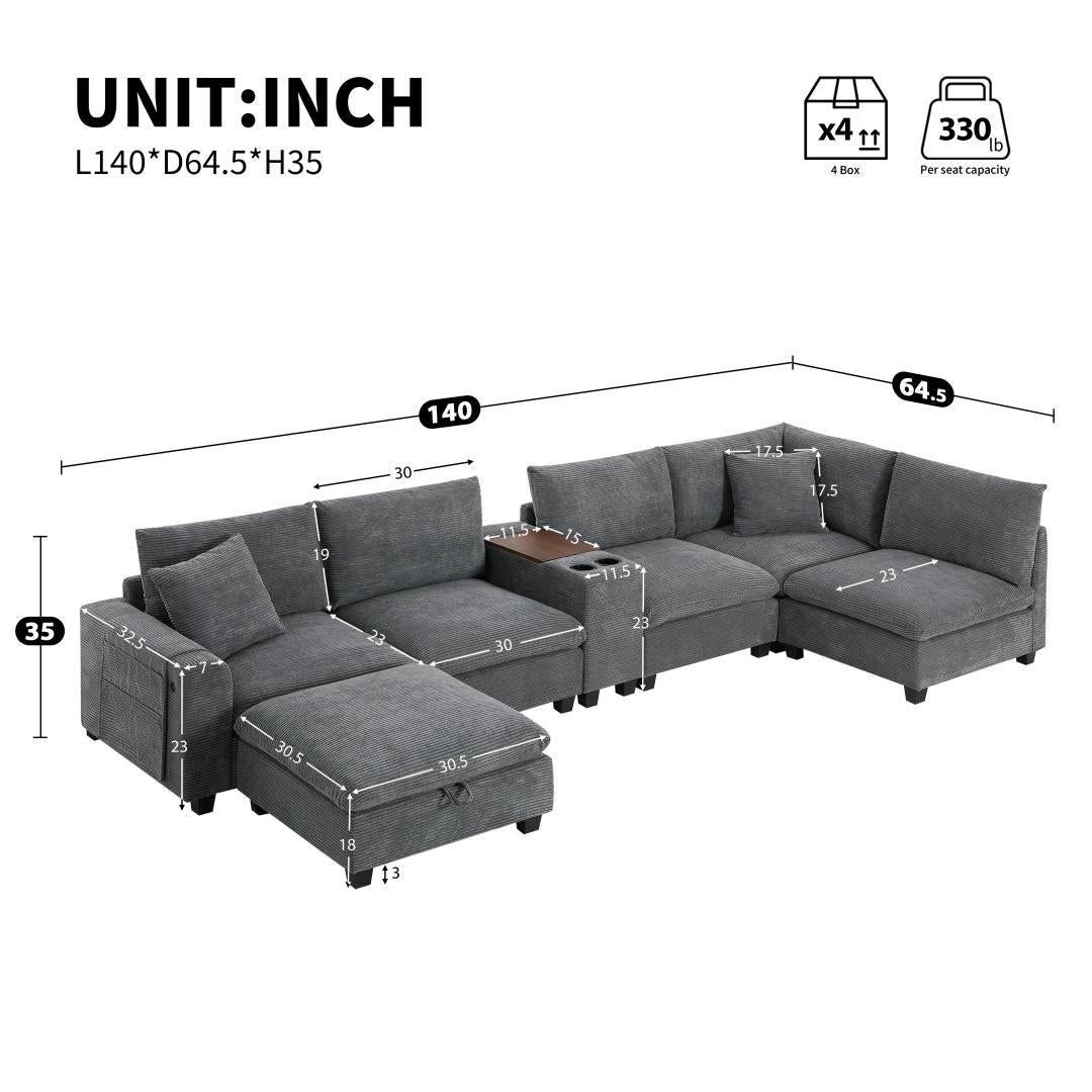 corduroy-Pewter-Grey-4-Seats-U-Shaped-Sectional-dimension