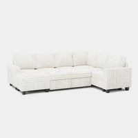 White-Beige-/-Faux-Rabbit-Fur-Corduroy-6-Seat-U-Shaped-Left-Chaise-Pullout-Sectional