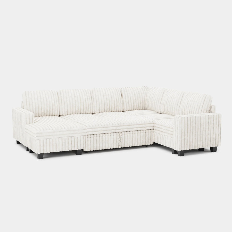 White-Beige-/-Faux-Rabbit-Fur-Corduroy-6-Seat-U-Shaped-Left-Chaise-Pullout-Sectional