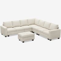 Cotton-Beige-/-Velvet-8-Seat-L-Shaped-Sectional-with-Ottoman