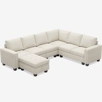 Cotton-Beige-/-Velvet-7-Seat-U-Shaped-Sectional