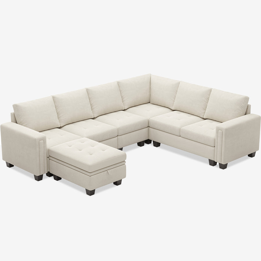 Cotton-Beige-/-Velvet-7-Seat-U-Shaped-Sectional