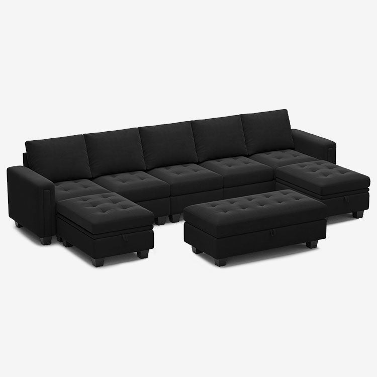 Belffin 7 Seats Modular U-shaped Velvet Tufted Sofa with Storage Ottoman