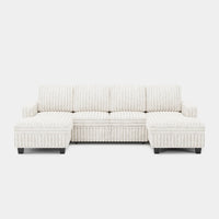 White-Beige-/-Faux-Rabbit-Fur-Corduroy-4-Seat-U-Shaped-Double-Chaise-Pullout-Sectional