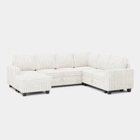 White-Beige-/-Faux-Rabbit-Fur-Corduroy-6-Seat-U-Shaped-Left-Chaise-Pullout-Sectional
