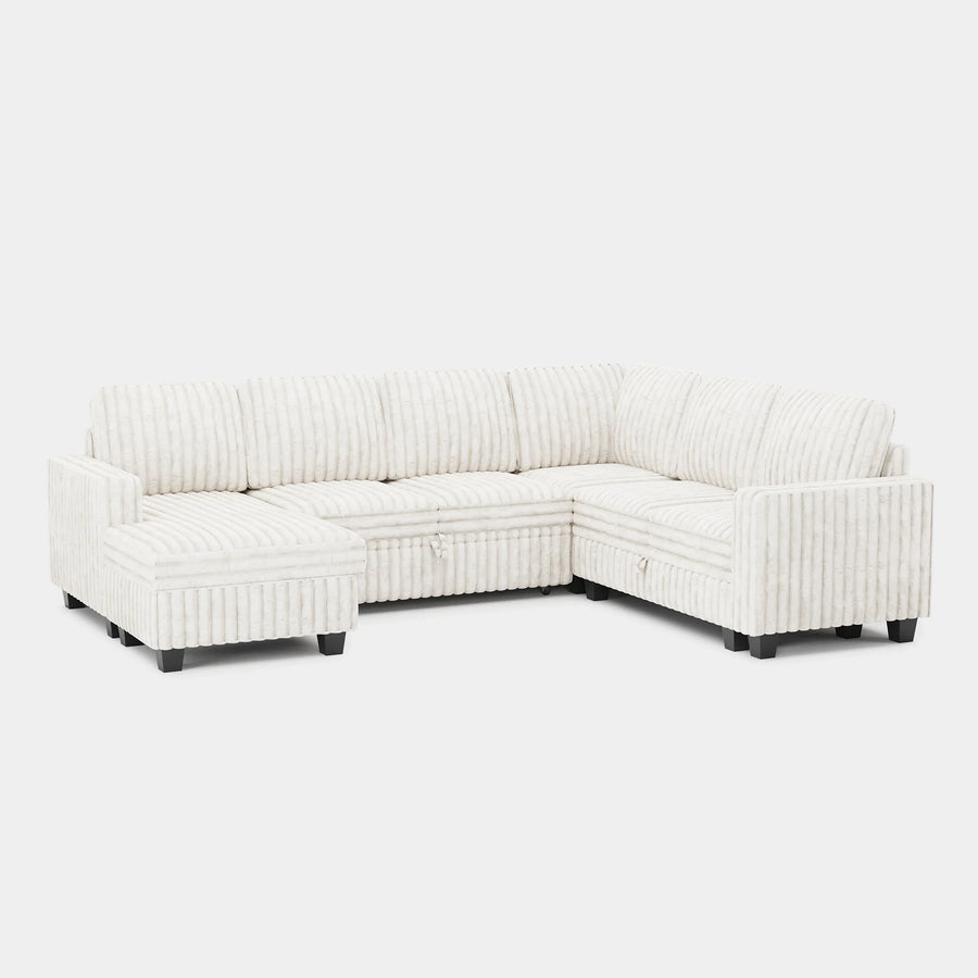 White-Beige-/-Faux-Rabbit-Fur-Corduroy-6-Seat-U-Shaped-Left-Chaise-Pullout-Sectional