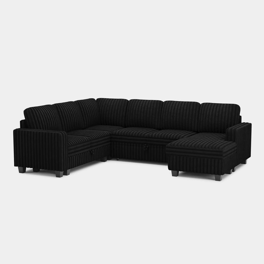 Piano-Black-/-Faux-Rabbit-Fur-Corduroy-6-Seat-U-Shaped-Right-Chaise-Pullout-Sectional