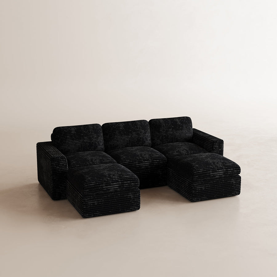 Piano-Black-/-Corduroy-3-Seats-U-Shaped-Sectional