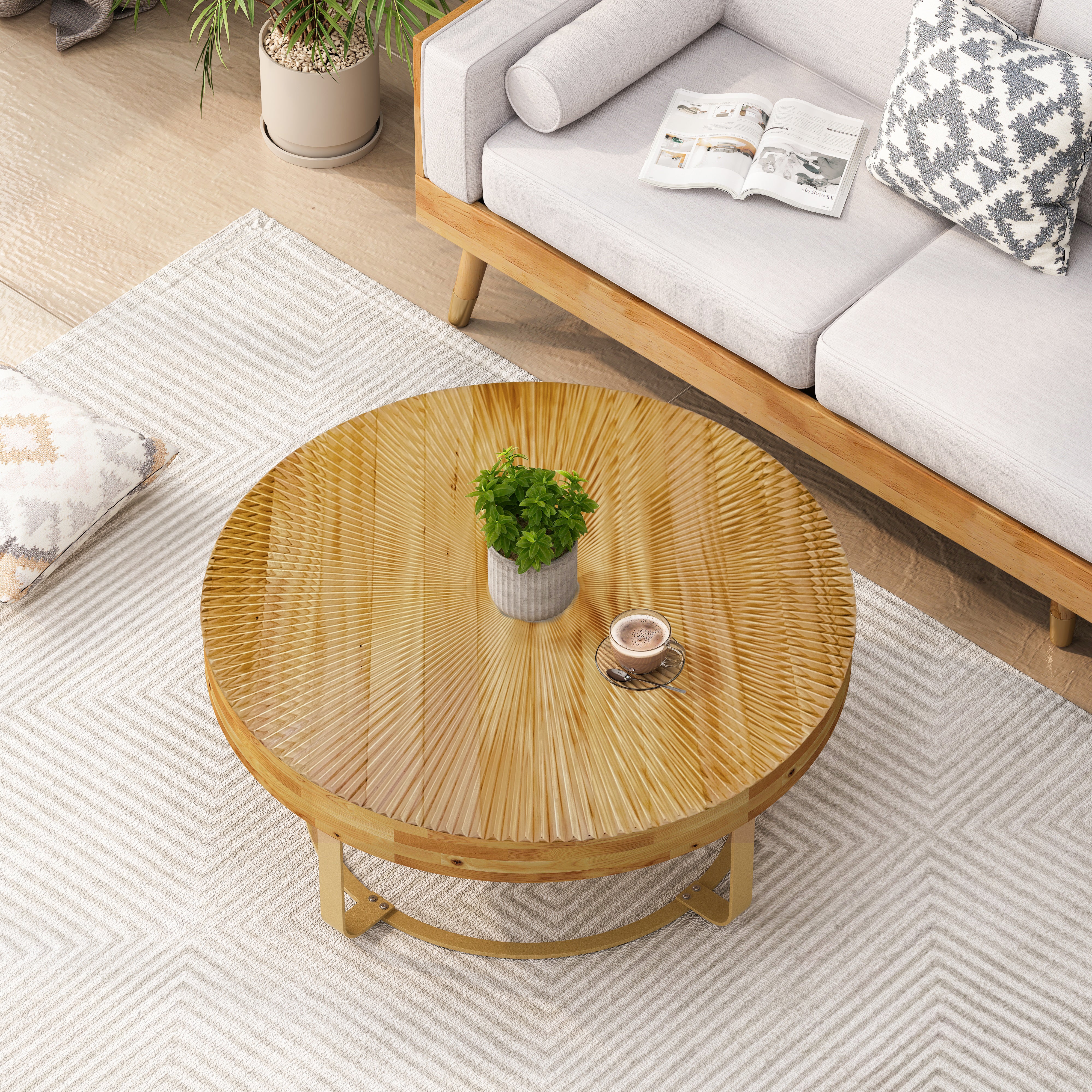 Modern Wooden Carving Pattern Coffee Table with Metal Legs