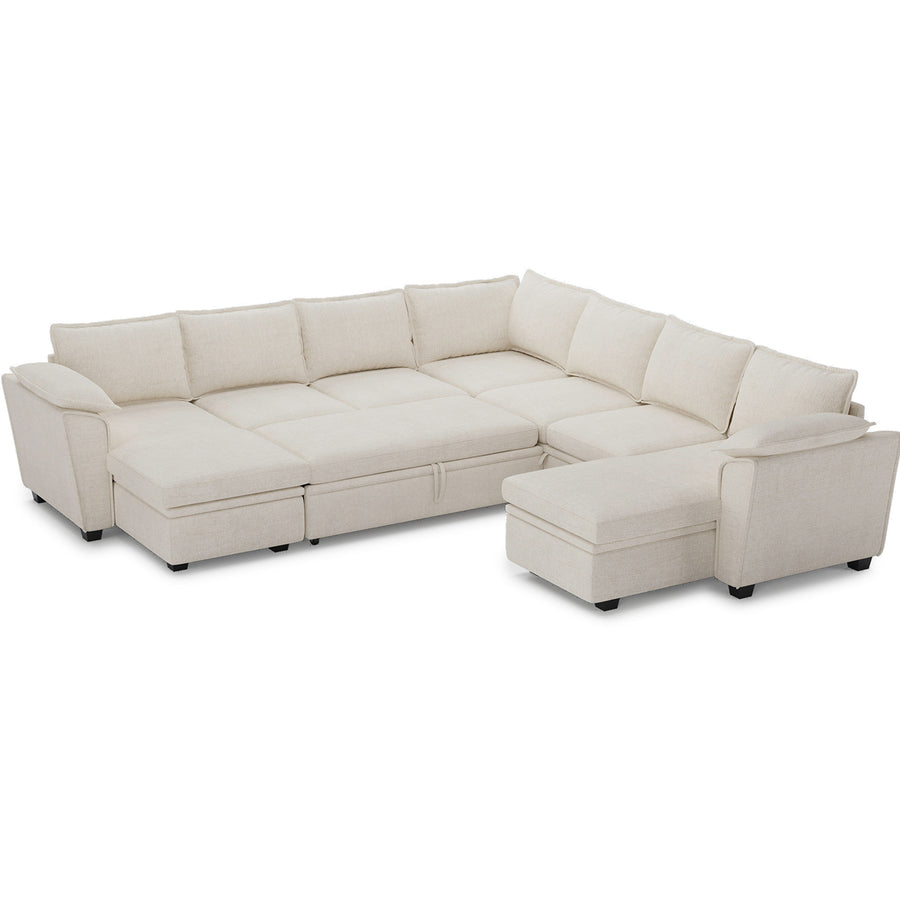 Misty-White-/-Chenille-7-Seat-U-Shaped-Double-Chaise-Pullout-Sectional