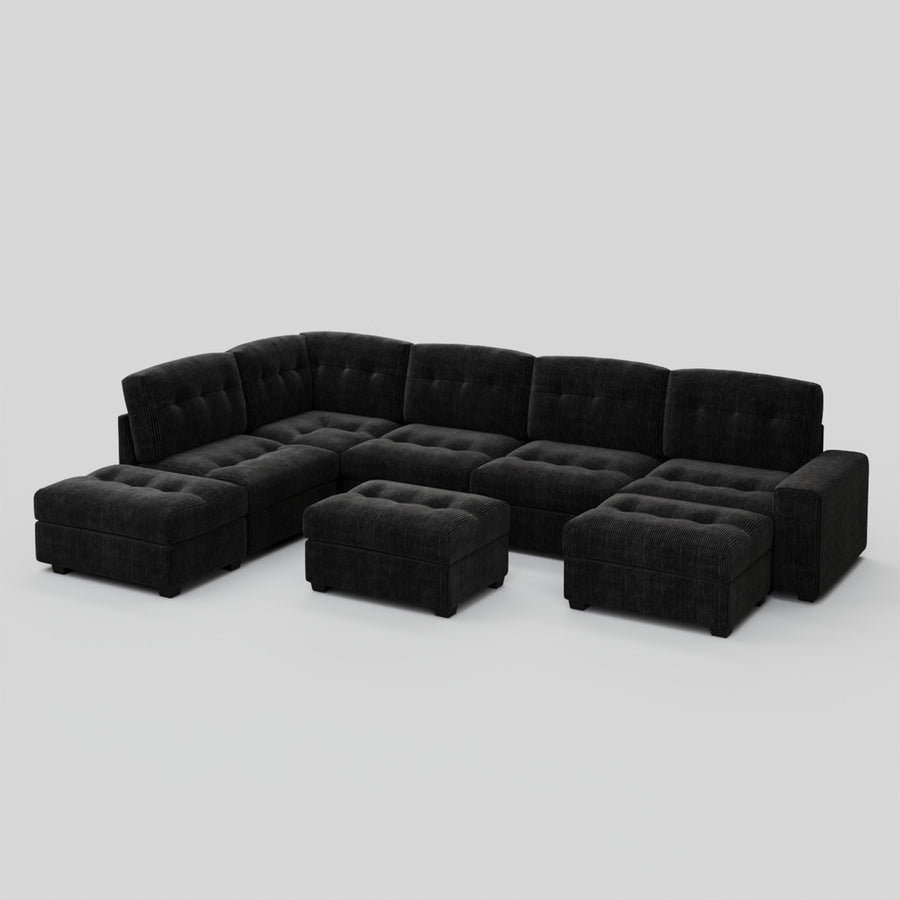 Obsidian-Black-/-Corduroy-5-Seat-L-Shaped-Left-Chaise-Sectional-with-2-Ottomans