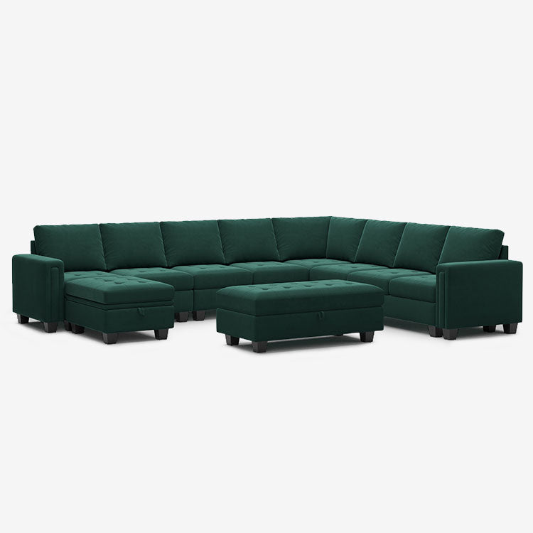 Belffin 9 Seats Modular Velvet Tufted Corner Sofa with Storage Ottoman