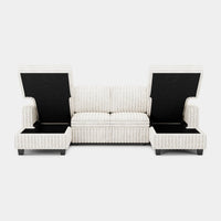 White-Beige-/-Faux-Rabbit-Fur-Corduroy-4-Seat-U-Shaped-Double-Chaise-Pullout-Sectional