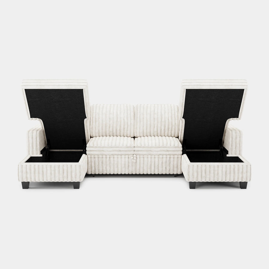 White-Beige-/-Faux-Rabbit-Fur-Corduroy-4-Seat-U-Shaped-Double-Chaise-Pullout-Sectional