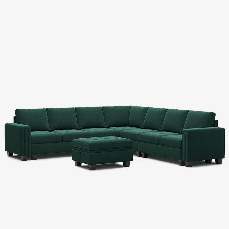 Belffin 7 Seats Modular Velvet Tufted Corner Sofa with Storage Ottoman