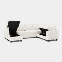 White-Beige-/-Faux-Rabbit-Fur-Corduroy-6-Seat-U-Shaped-Left-Chaise-Pullout-Sectional