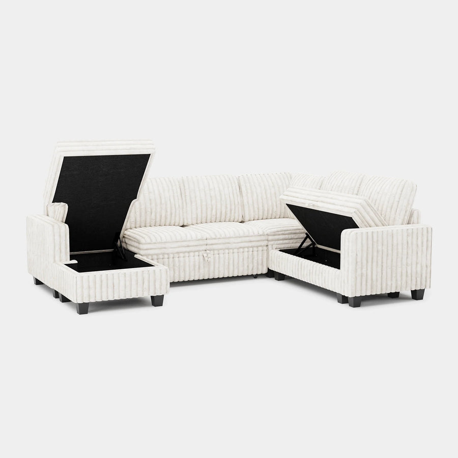 White-Beige-/-Faux-Rabbit-Fur-Corduroy-6-Seat-U-Shaped-Left-Chaise-Pullout-Sectional