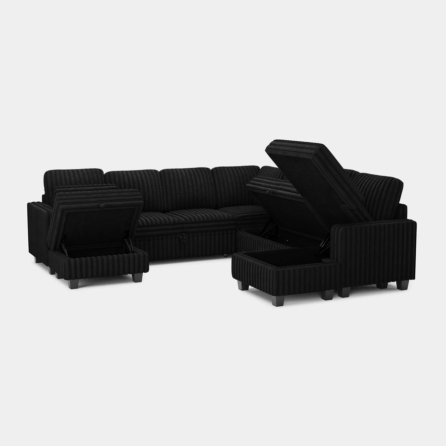 Piano-Black-/-Faux-Rabbit-Fur-Corduroy-8-Seat-U-Shaped-Right-Chaise-Pullout-Sectional