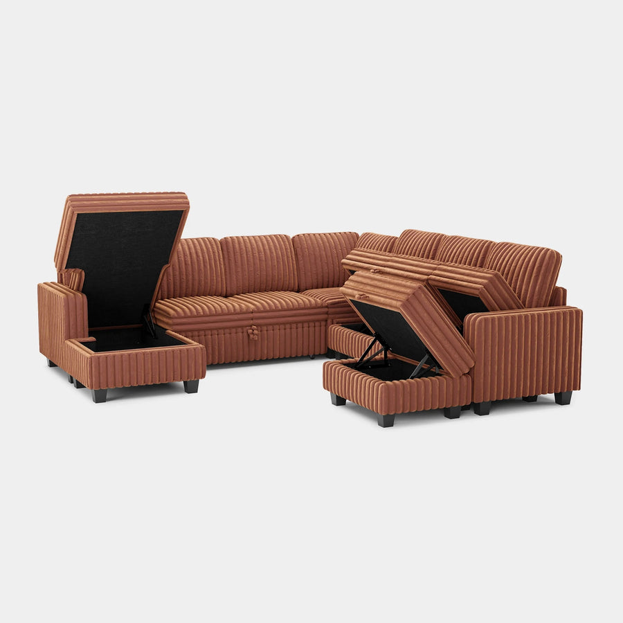 Caramel-Brown-/-Faux-Rabbit-Fur-Corduroy-8-Seat-U-Shaped-Left-Chaise-Pullout-Sectional