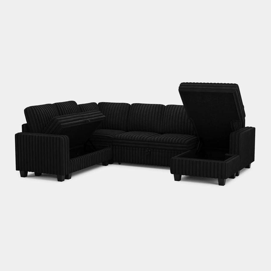 Piano-Black-/-Faux-Rabbit-Fur-Corduroy-6-Seat-U-Shaped-Right-Chaise-Pullout-Sectional