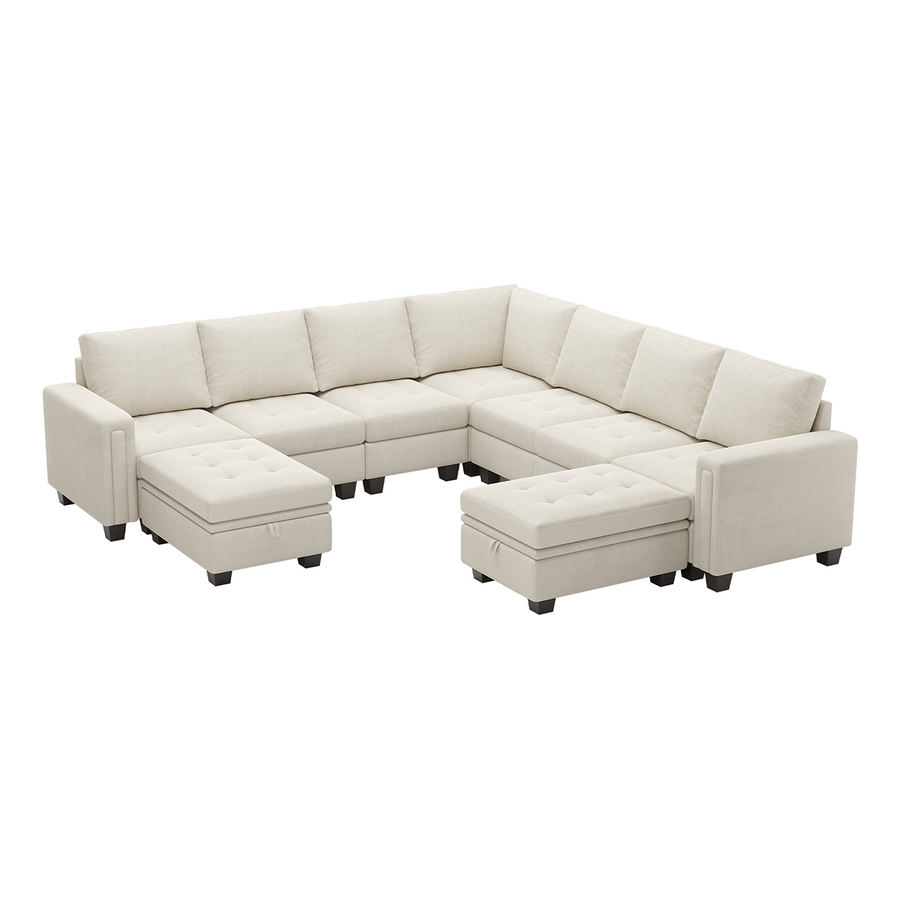 Cotton-Beige-/-Velvet-9-Seat-U-Shaped-Sectional-with-Return