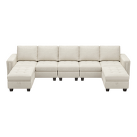 Cotton-Beige-/-Velvet-7-Seat-L-Shaped-Sectional-with-Return