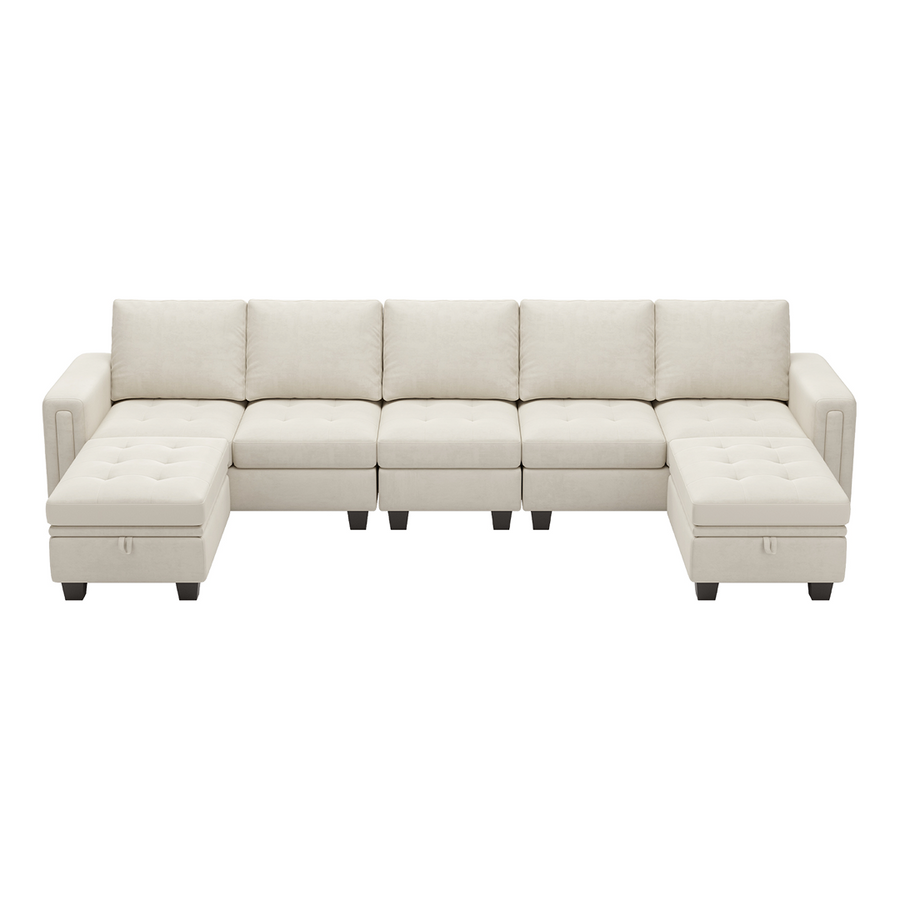 Cotton-Beige-/-Velvet-7-Seat-L-Shaped-Sectional-with-Return