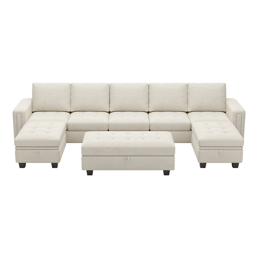 Cotton-Beige-/-Velvet-8-Seat-U-Shaped-Open-Sectional