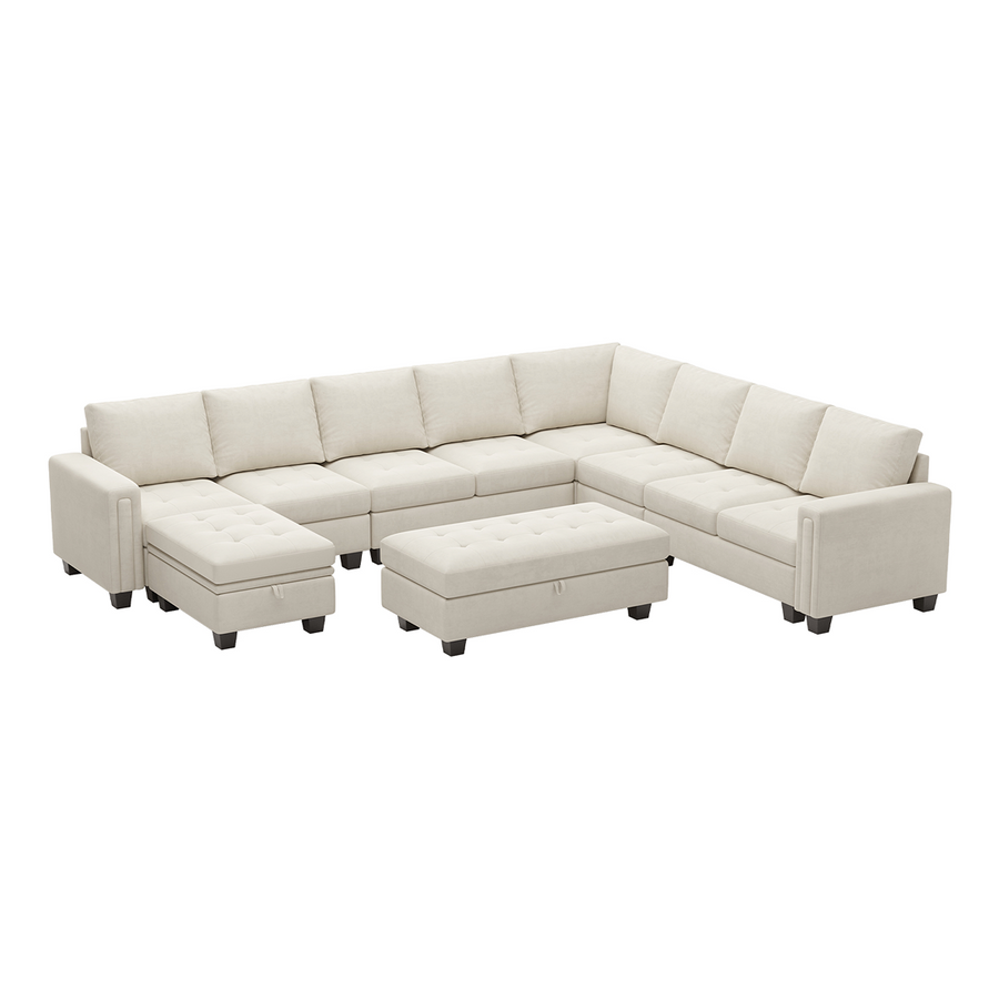 Cotton-Beige-/-Velvet-10-Seat-U-Shaped-Sectional-with-Return