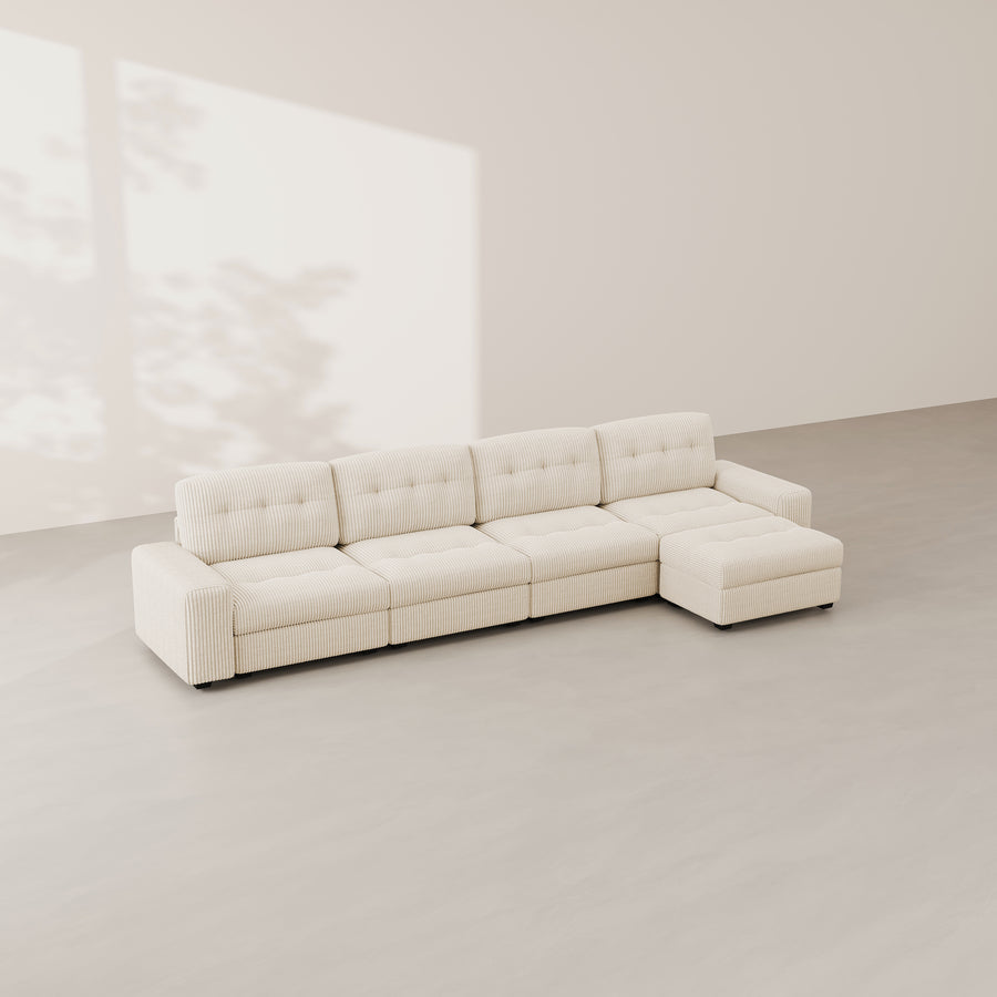 Ivory-Beige-/-Corduroy-4-Seat-L-Shaped-Sectional-with-Ottoman