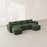 Moss-Green-/-Chenille-4-Seat-U-Shaped-Double-Chaise-Pullout-Sectional