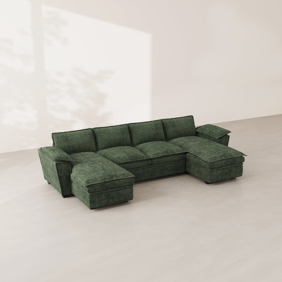 Moss-Green-/-Chenille-4-Seat-U-Shaped-Double-Chaise-Pullout-Sectional