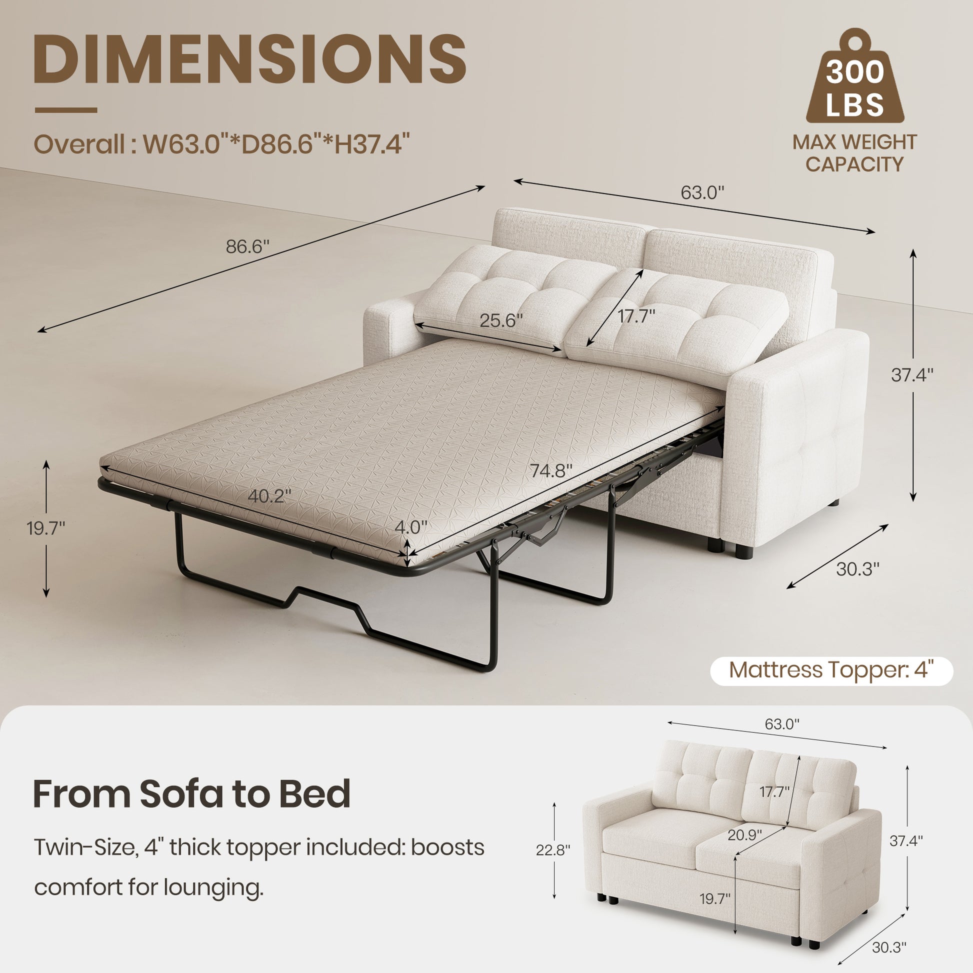 Misty-White-/-Chenille-Pullout-Loveseat-dimension