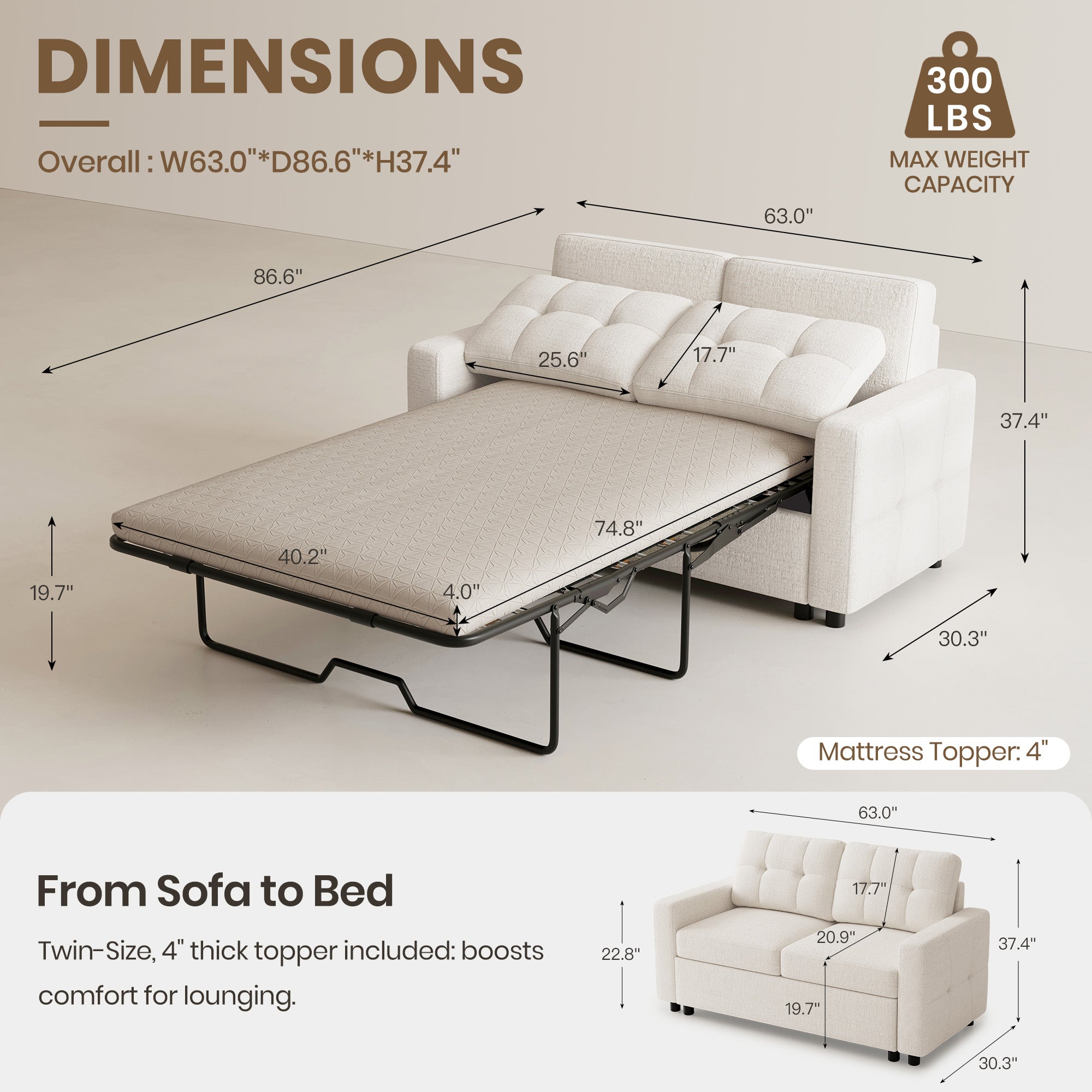 Misty-White-/-Chenille-Pullout-Loveseat-dimension