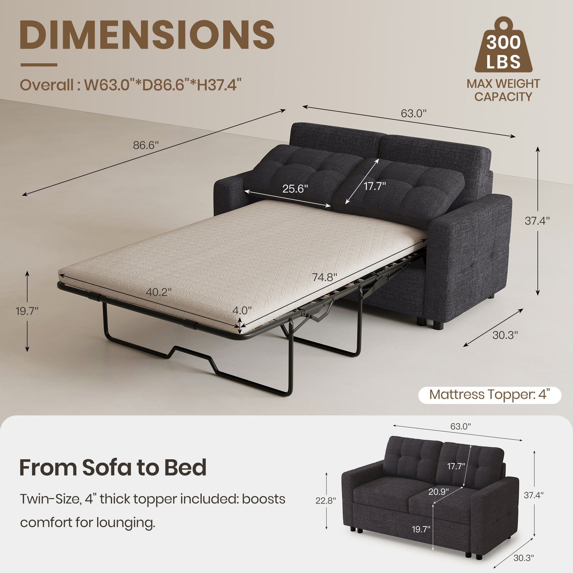 Graphite-Grey-/-Chenille-Pullout-Loveseat-dimension