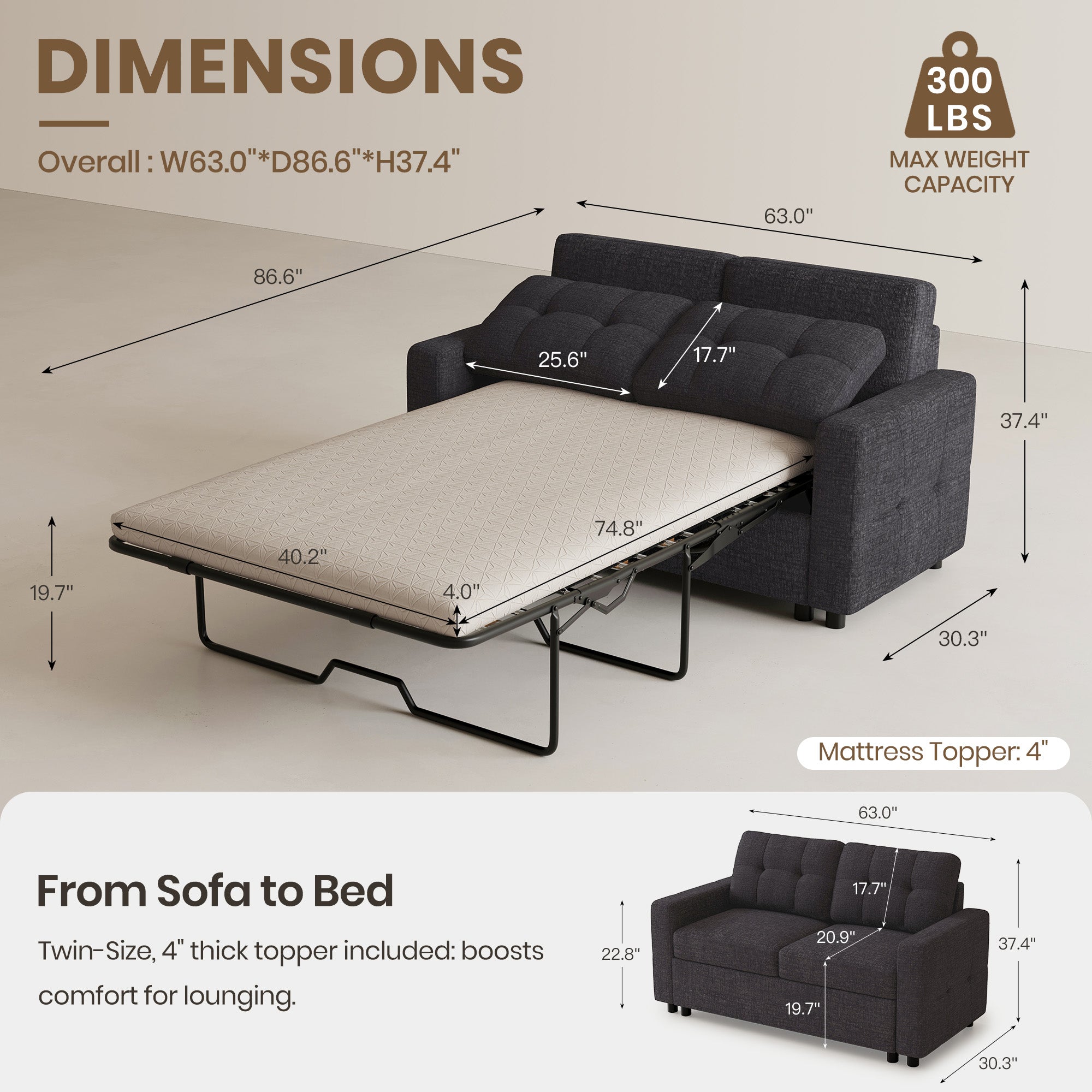 Graphite-Grey-/-Chenille-Pullout-Loveseat-dimension