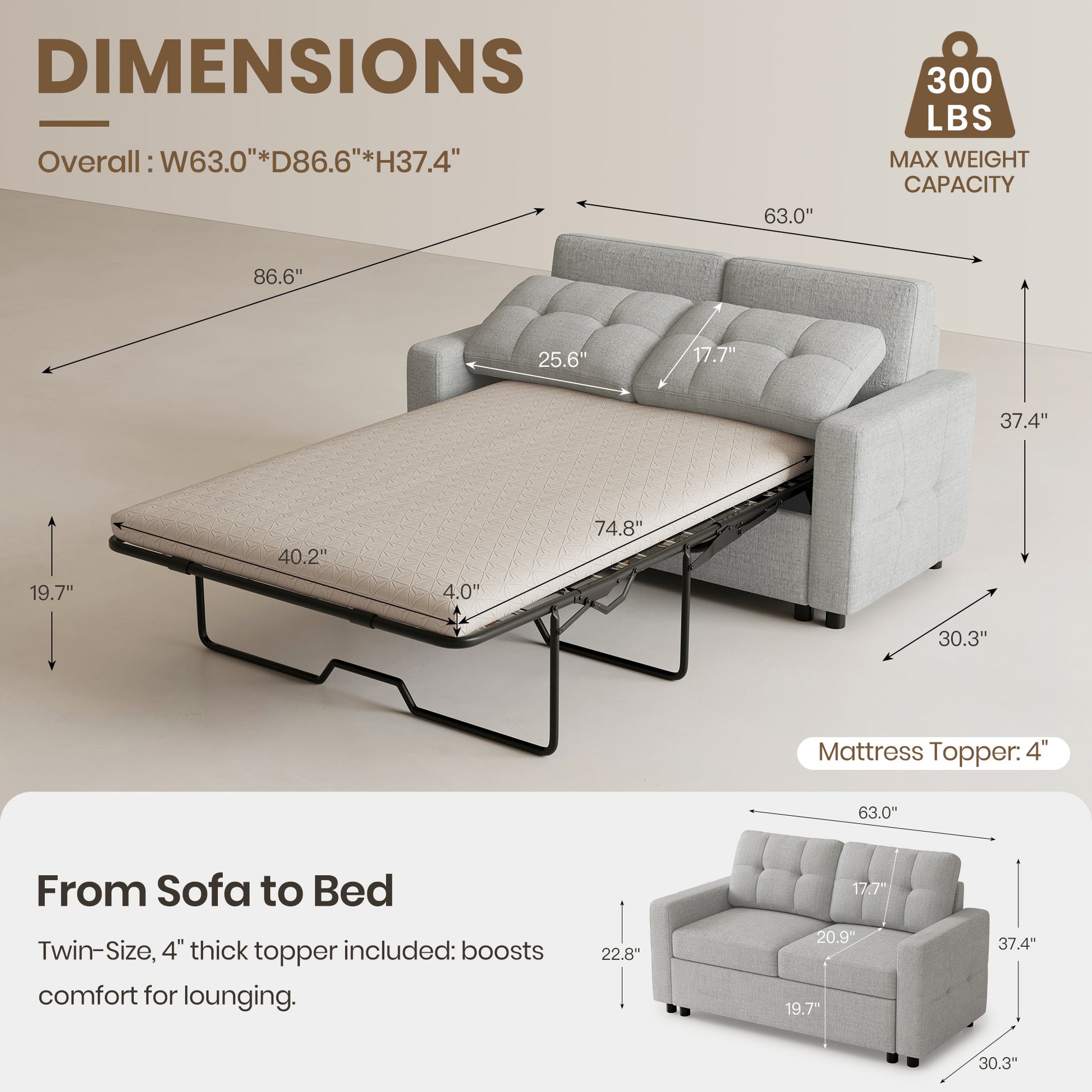 Cloud-Grey-/-Chenille-Pullout-Loveseat-dimension