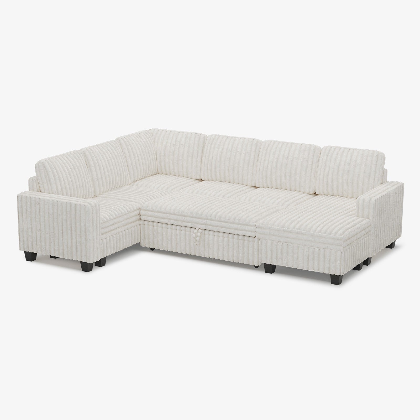 Plume 6 Seats Modular Faux Rabbit Fur Corduroy Pull-out Sleeper Sofa with Storage Seats and Ottoman