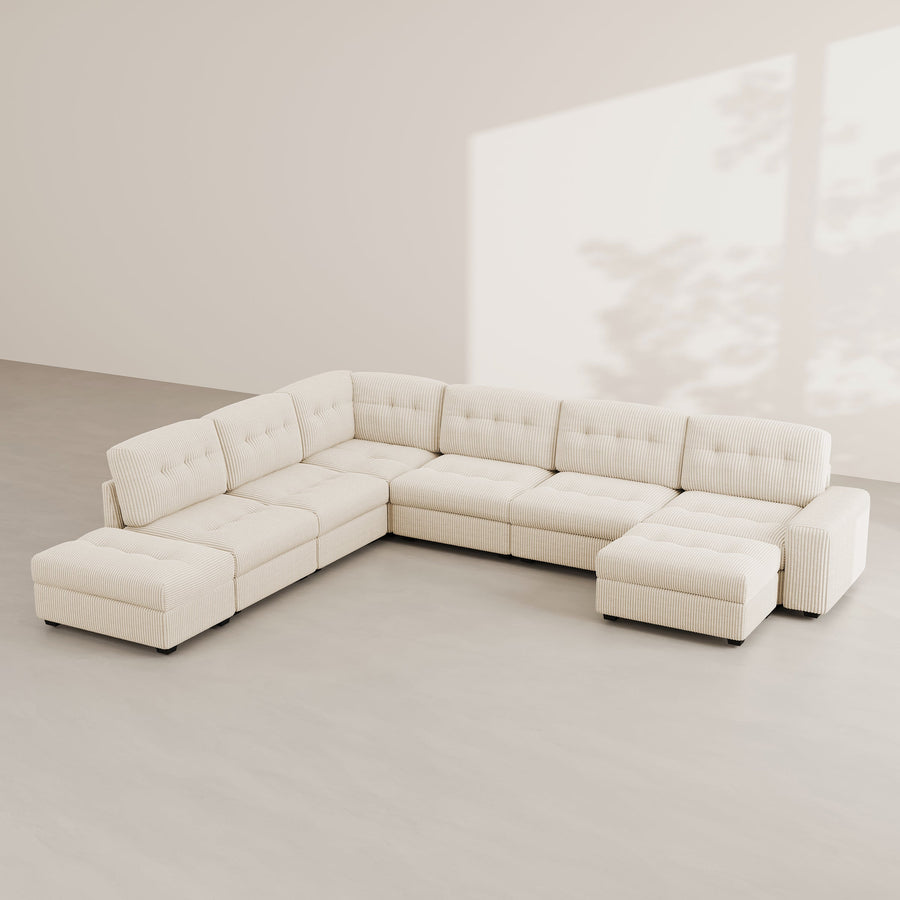 Ivory-Beige-/-Corduroy-6-Seat-L-Shaped-Sectional-with-Ottoman