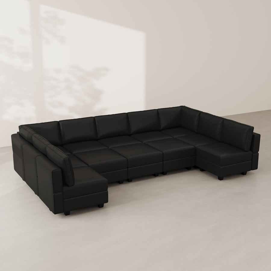 Sand-Black-/-Faux-Leather-12-Seat-U-Shaped-Pit-Sectional