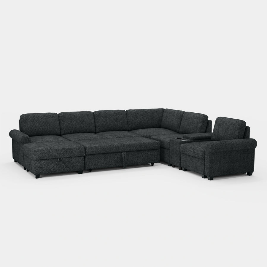Graphite-Grey-/-Chenille-7-Seat-U-Shaped-Pullout-Sectional-with-Console