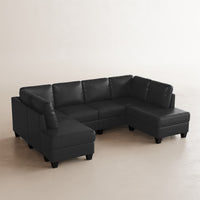 Sand-Black-/-Faux-Leather-4-Seat-U-Shaped-Double-Chaise-Sectional