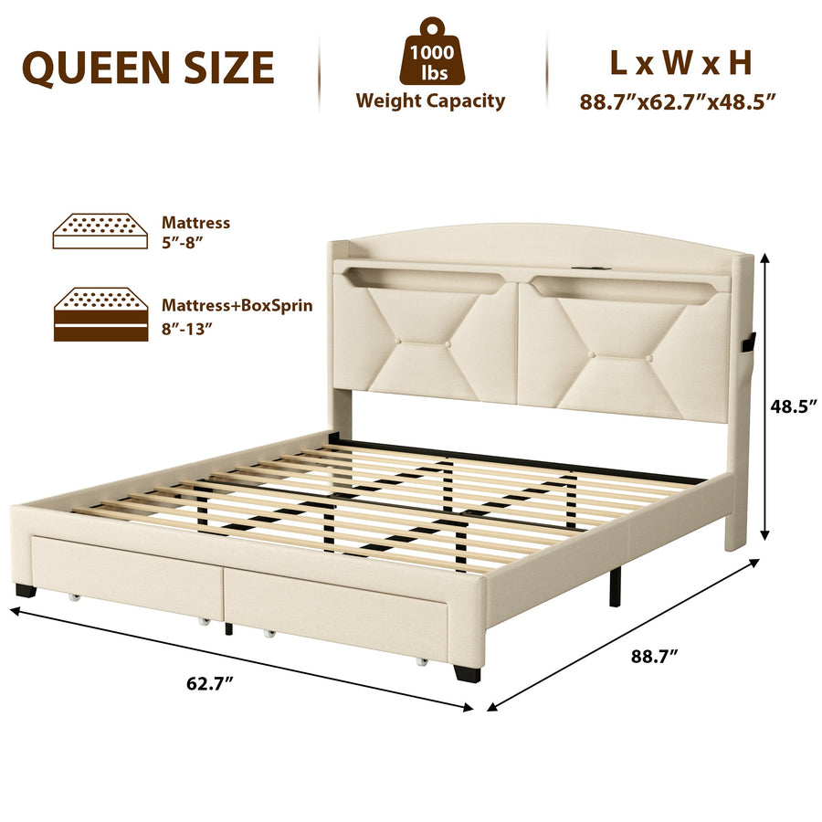 Modern Bed Frame with Storage Headboard and LED Lights BSN