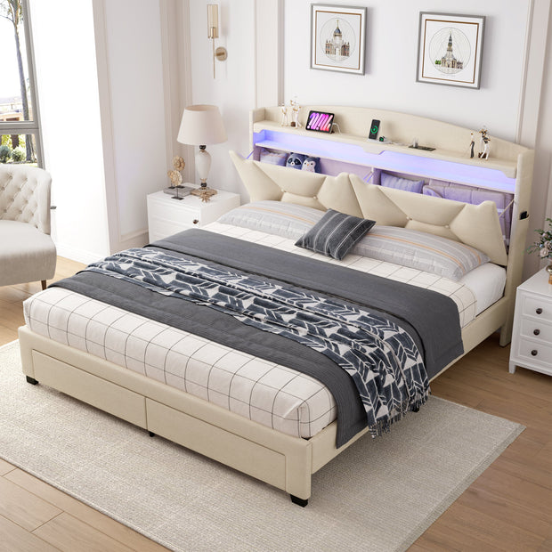 Modern Bed Frame with Storage Headboard and LED Lights BSN