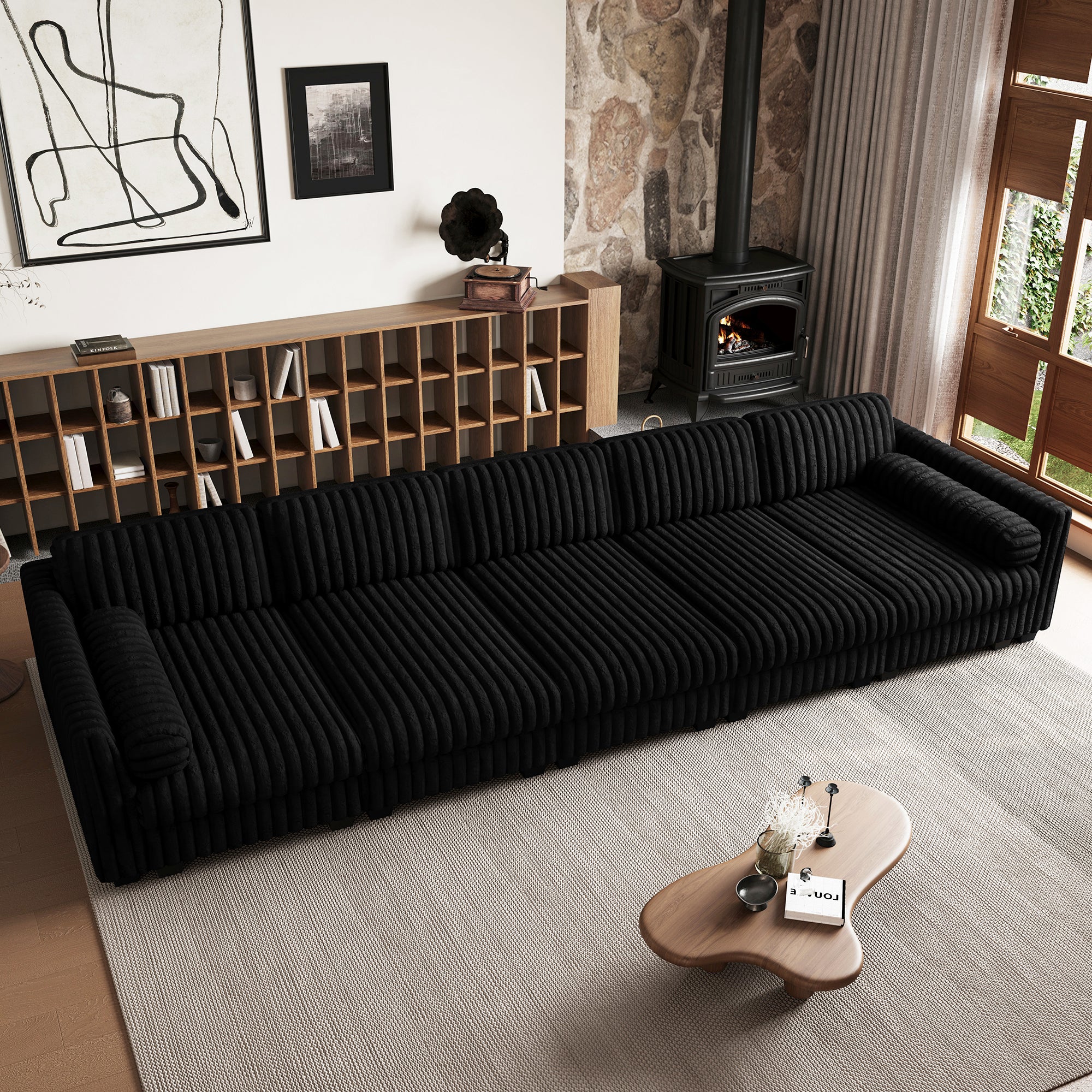 Piano-Black-/-Faux-Rabbit-Fur-Corduroy-136-Inch-Sleeper-Sofa