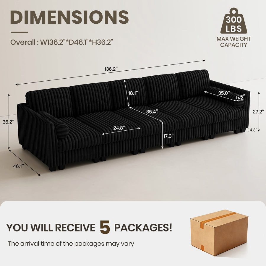 Piano-Black-/-Faux-Rabbit-Fur-Corduroy-5-Seat-Sleeper-Sofa-dimension