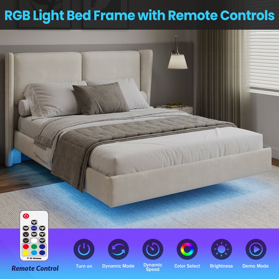 Modern Style Velvet Floating Bed Frame with LED Lights BSN