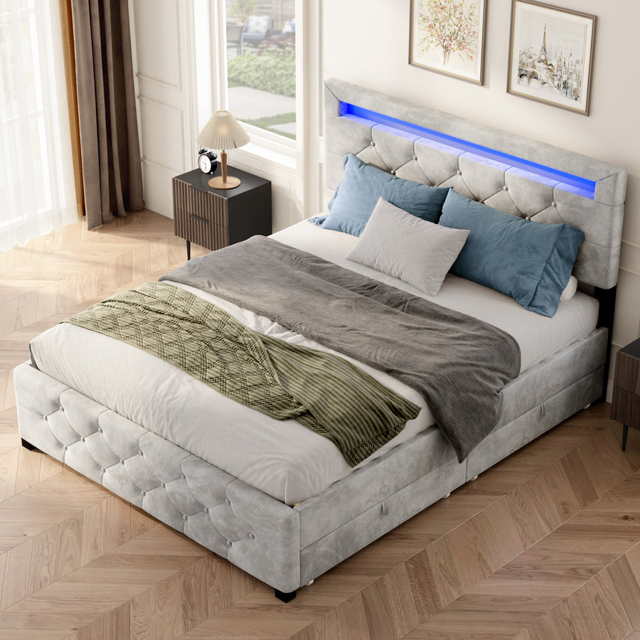 Queen Size Upholstered Velvet Bed Frame with Drawers and LED Lights BSN